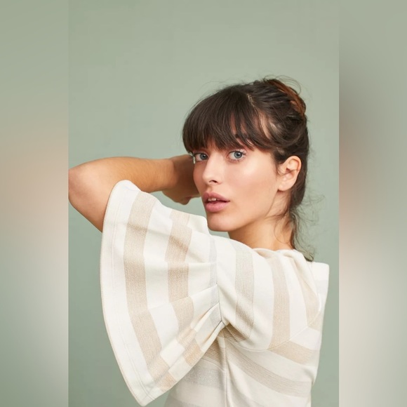 Anthropologie Maeve size M cream Striped Ruffled-Sleeve Helsa Top - Picture 10 of 12